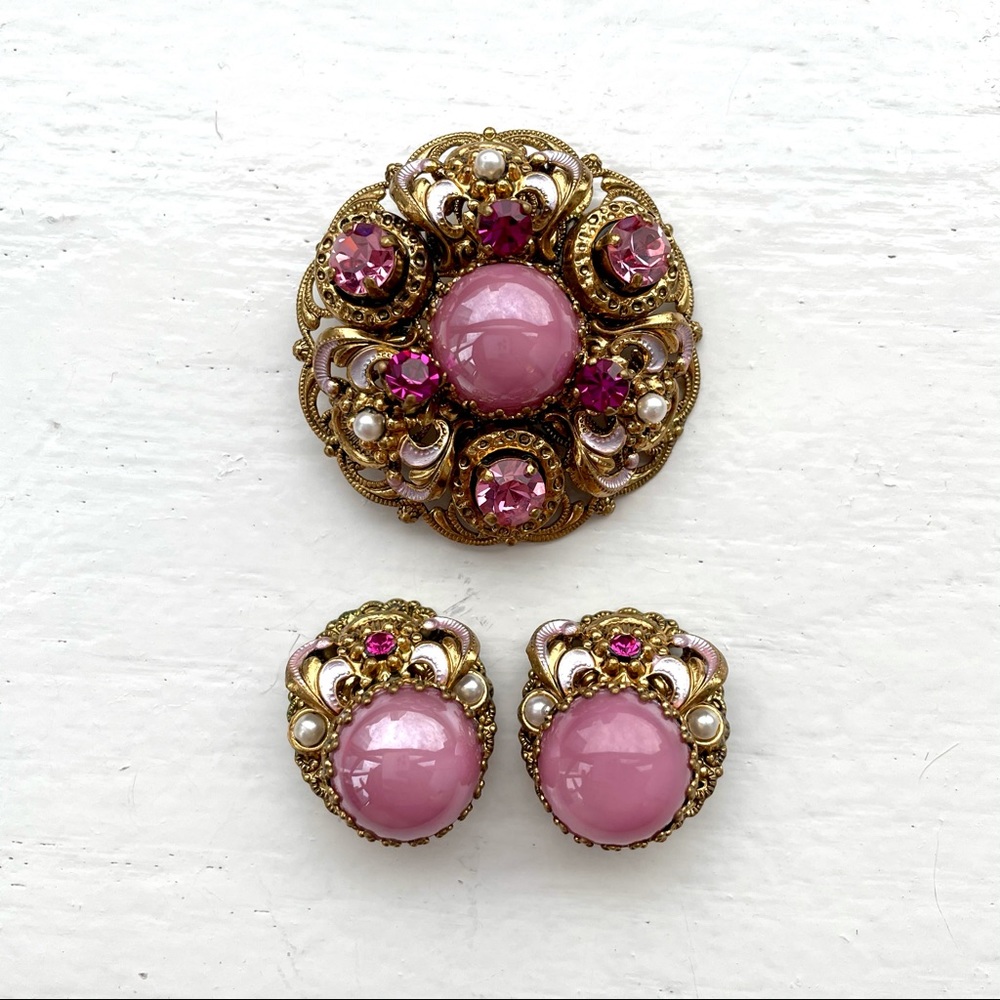Vintage West Germany Pink Earrings Brooch Set